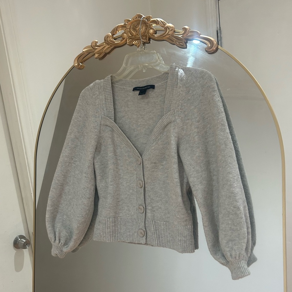 French Connection Sweetheart Balloon Sleeve Gray Cardigan Sweater, Size XS
